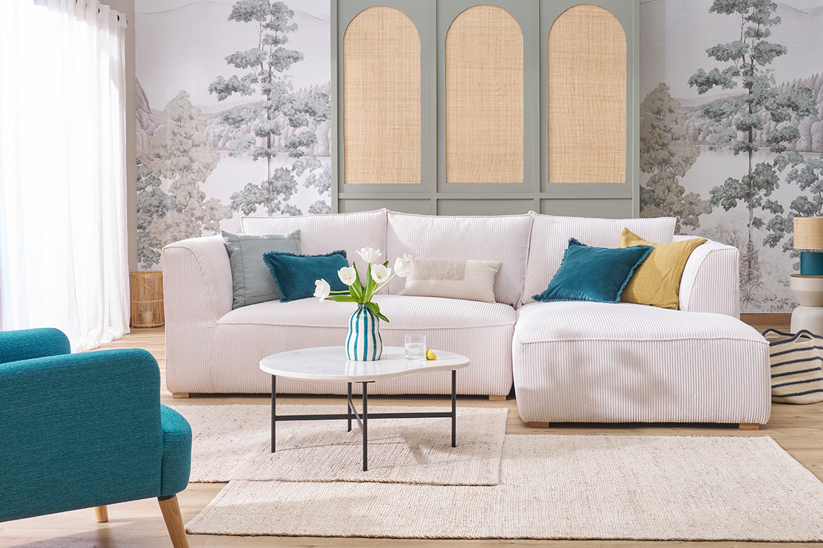 Canap d'angle droit design en tissu velours ctel cru 3-4 places PANAM