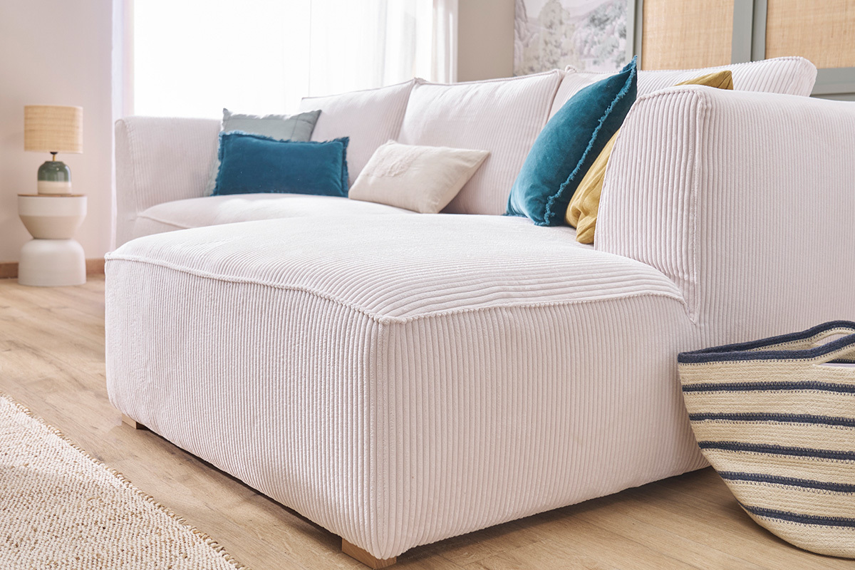 Canap d'angle droit design en tissu velours ctel cru 3-4 places PANAM