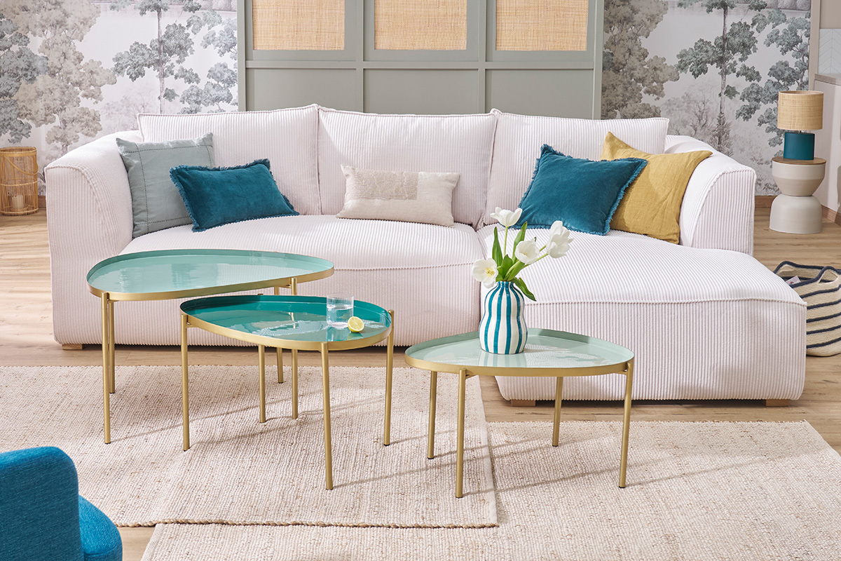 Canap d'angle droit design en tissu velours ctel cru 3-4 places PANAM