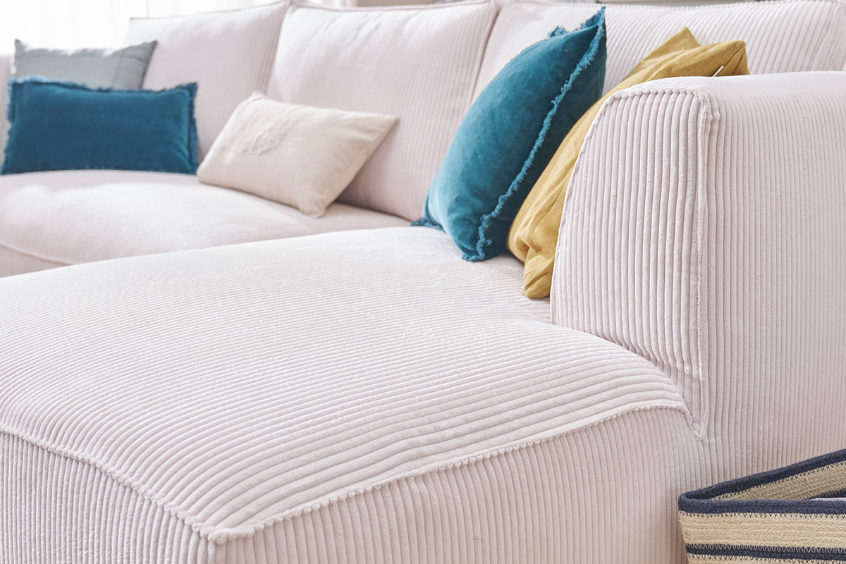 Canap d'angle droit design en tissu velours ctel cru 3-4 places PANAM