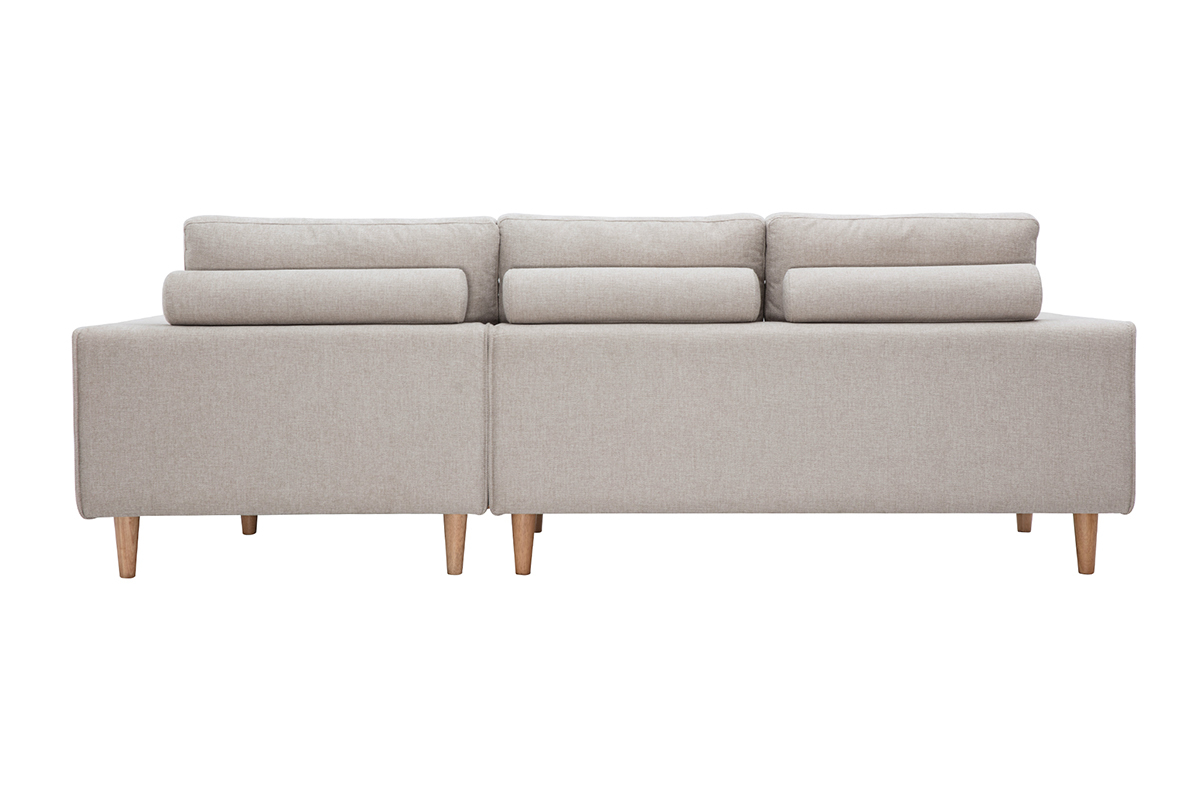Vue arri�re d'un canap� d'angle droit en tissu beige avec pieds en bois clair.