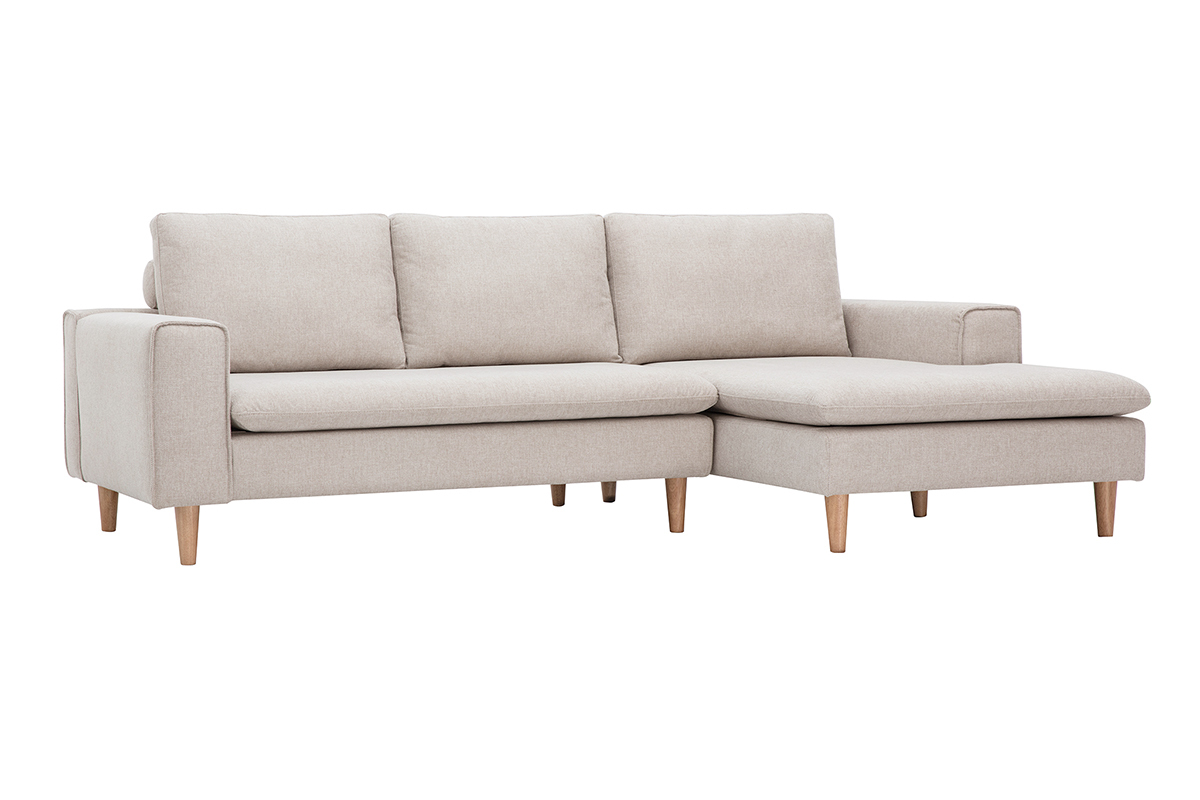 Canap� d'angle droit beige en tissu effet velours avec pieds en bois clair, vue de 3/4.