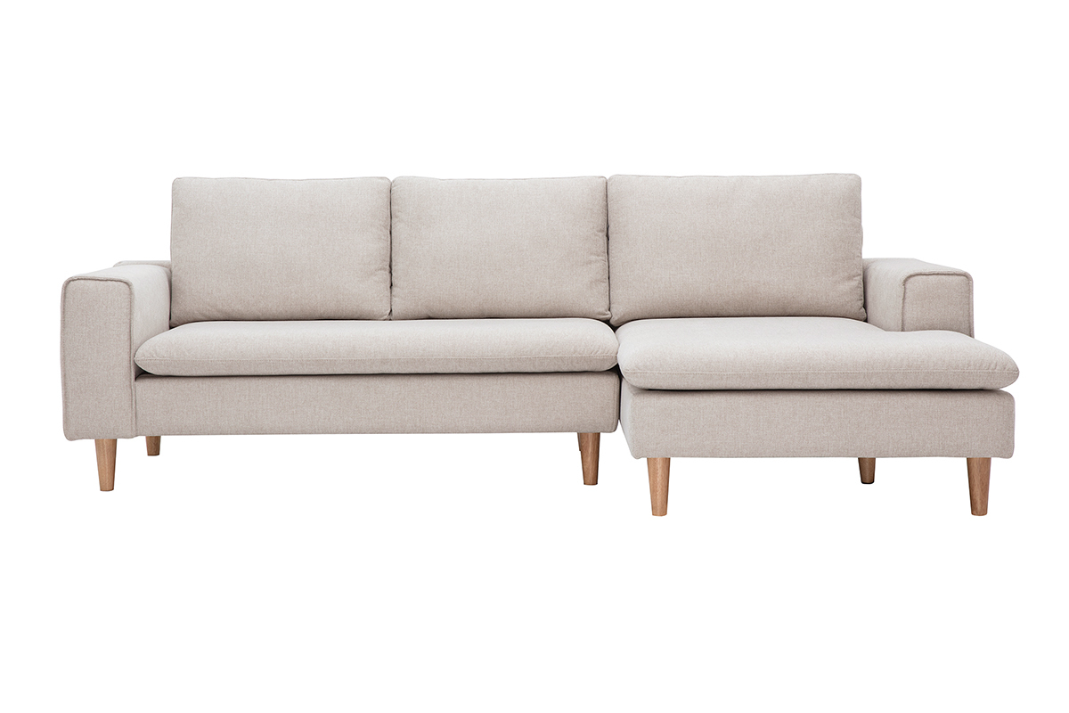 Canap� d'angle droit en tissu beige avec pieds en bois clair, vue de face.
