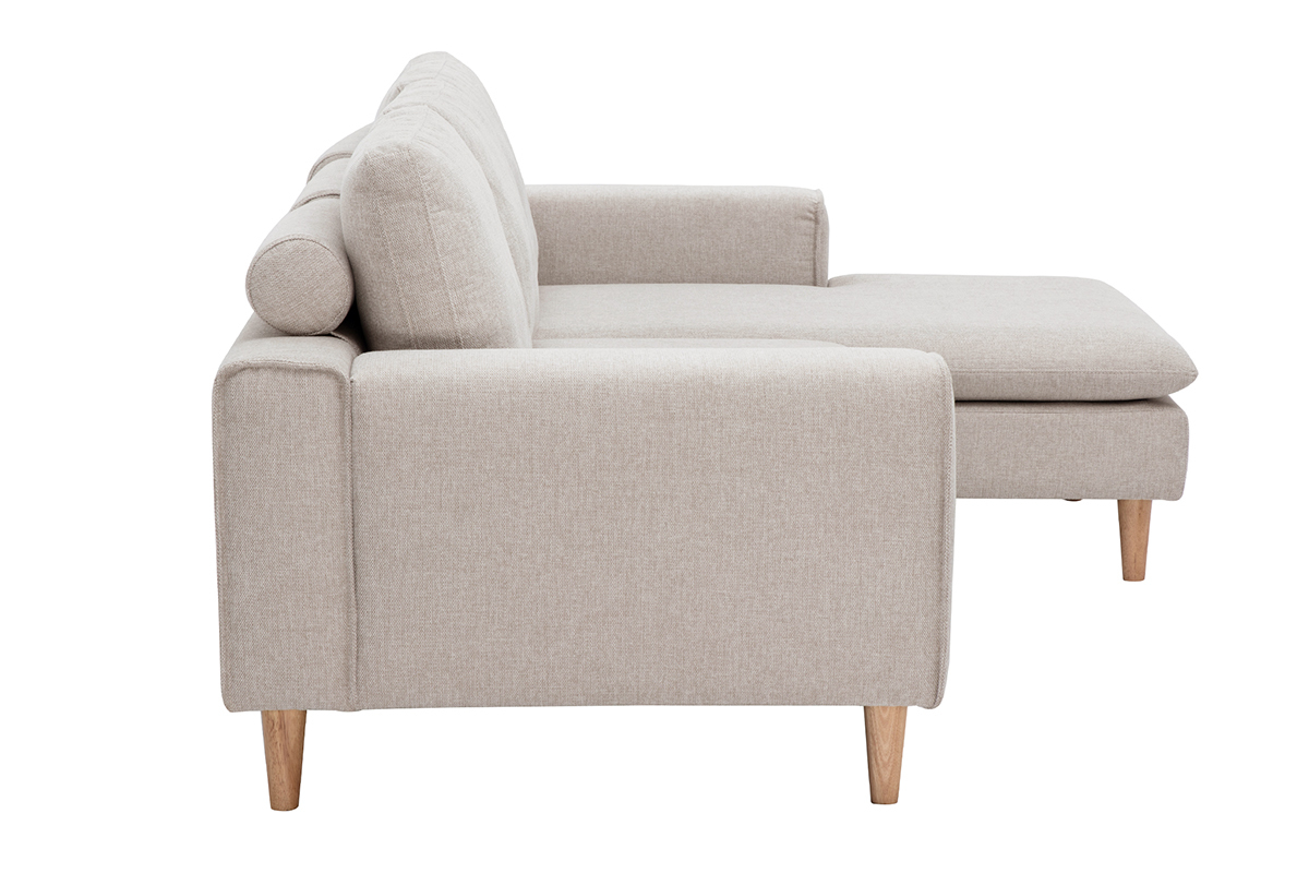 Canap� d'angle droit en tissu beige et bois clair, vue de c�t�.