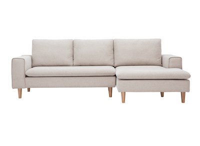 Canap&eacute; d'angle droit en tissu effet velours textur&eacute; beige et bois clair RAGNAR