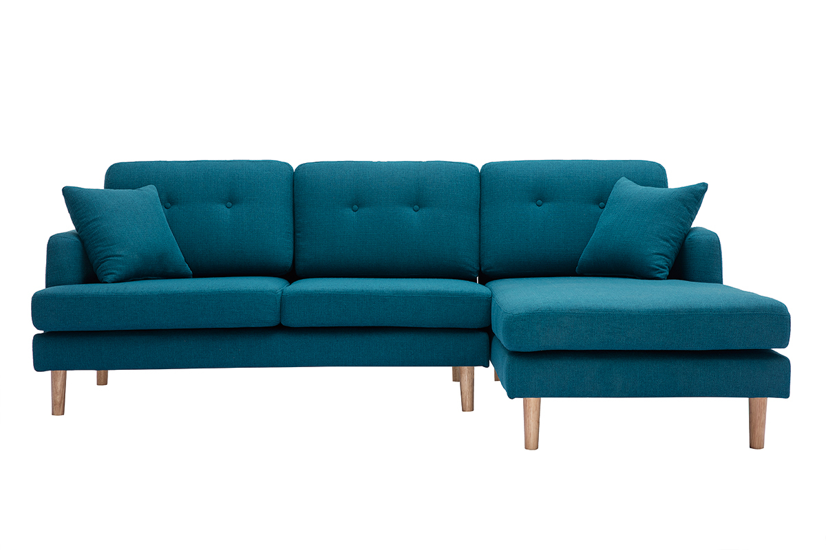 Canap� d'angle droit scandinave 4 places en tissu bleu canard et bois clair CODDY