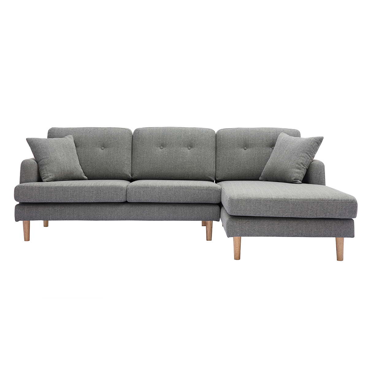 Canapé d'angle droit scandinave 4 places en tissu gris clair et bois clair CODDY vue1