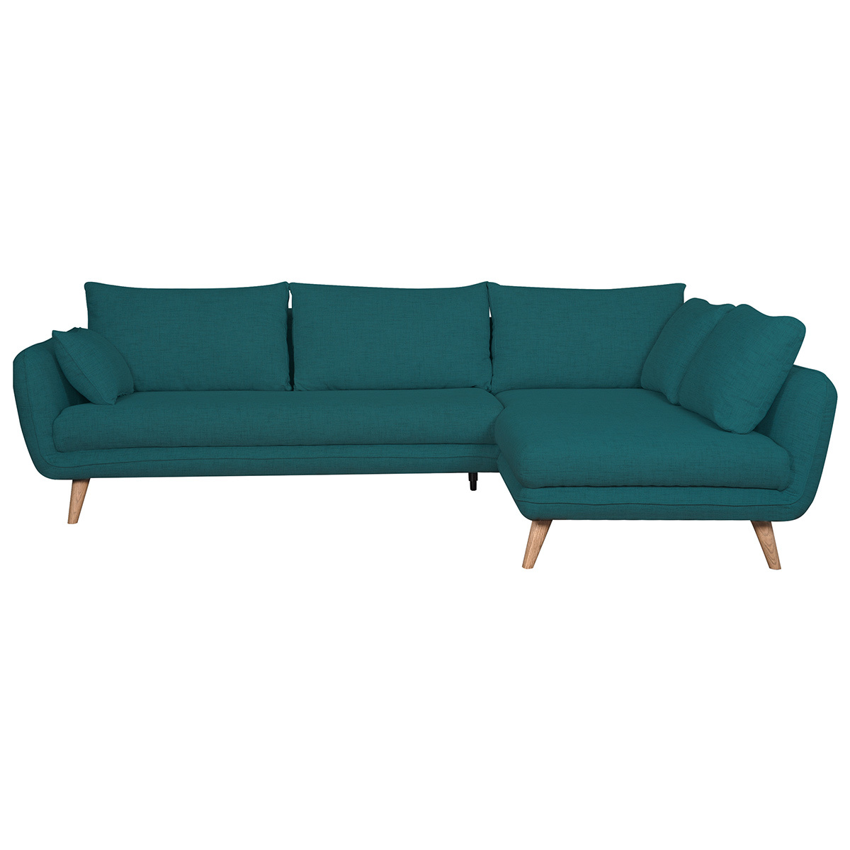 Canapé d'angle droit scandinave 5 places en tissu bleu paon et bois clair CREEP vue1