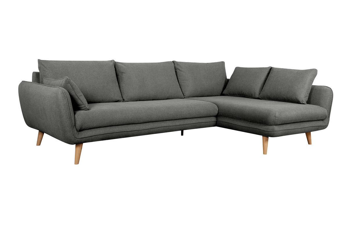 Canap� d'angle droit scandinave 5 places en tissu gris anthracite et bois clair CREEP