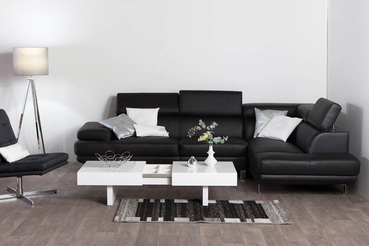 Canap� d'angle en cuir noir avec t�ti�res ajustables JENKINS - cuir de buffle