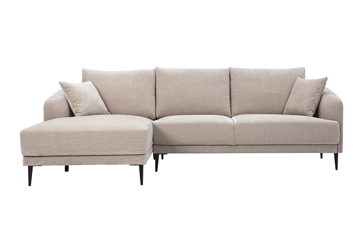 Canap� d'angle gauche 3 places en tissu effet velours taupe avec m�ridienne, vue de face.