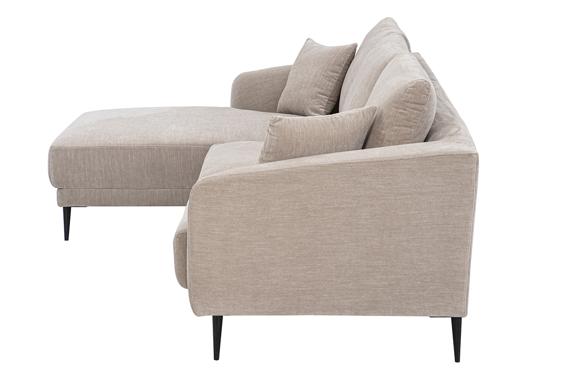 Canap� d'angle gauche 3 places en tissu taupe, vue de profil avec coussins.