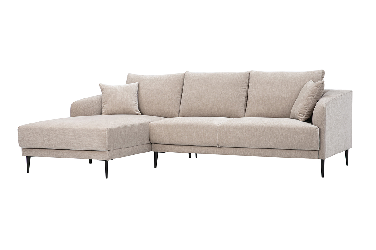 Canap� d'angle gauche 3 places en tissu taupe avec pieds en m�tal noir, vue de 3/4.