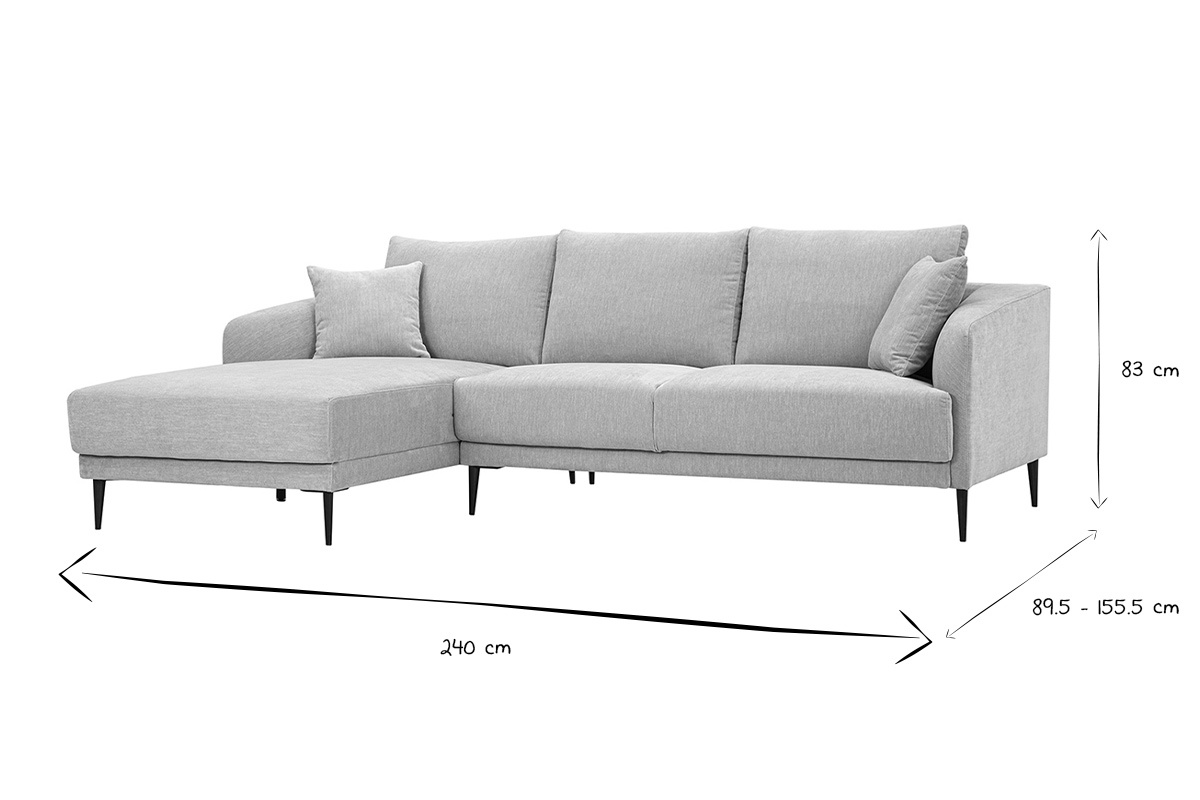 Dimensions du canap� d'angle gauche JERRY, L240 x P89,5-155,5 x H83 cm, en noir et blanc.