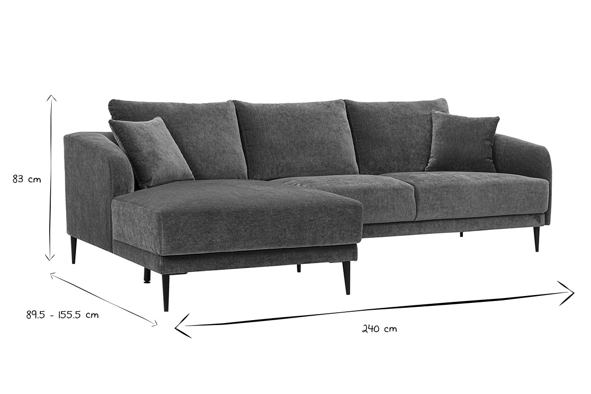 Dimensions du canap� d'angle gauche JERRY en noir et blanc, L240 x P89,5-155,5 x H83 cm.