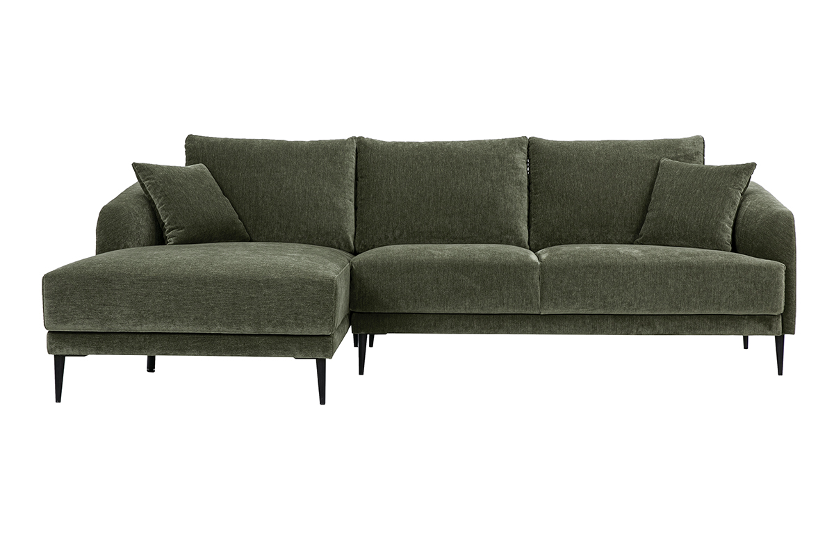 Canap� d'angle gauche 3 places en tissu velours vert kaki et m�tal noir, vue de face