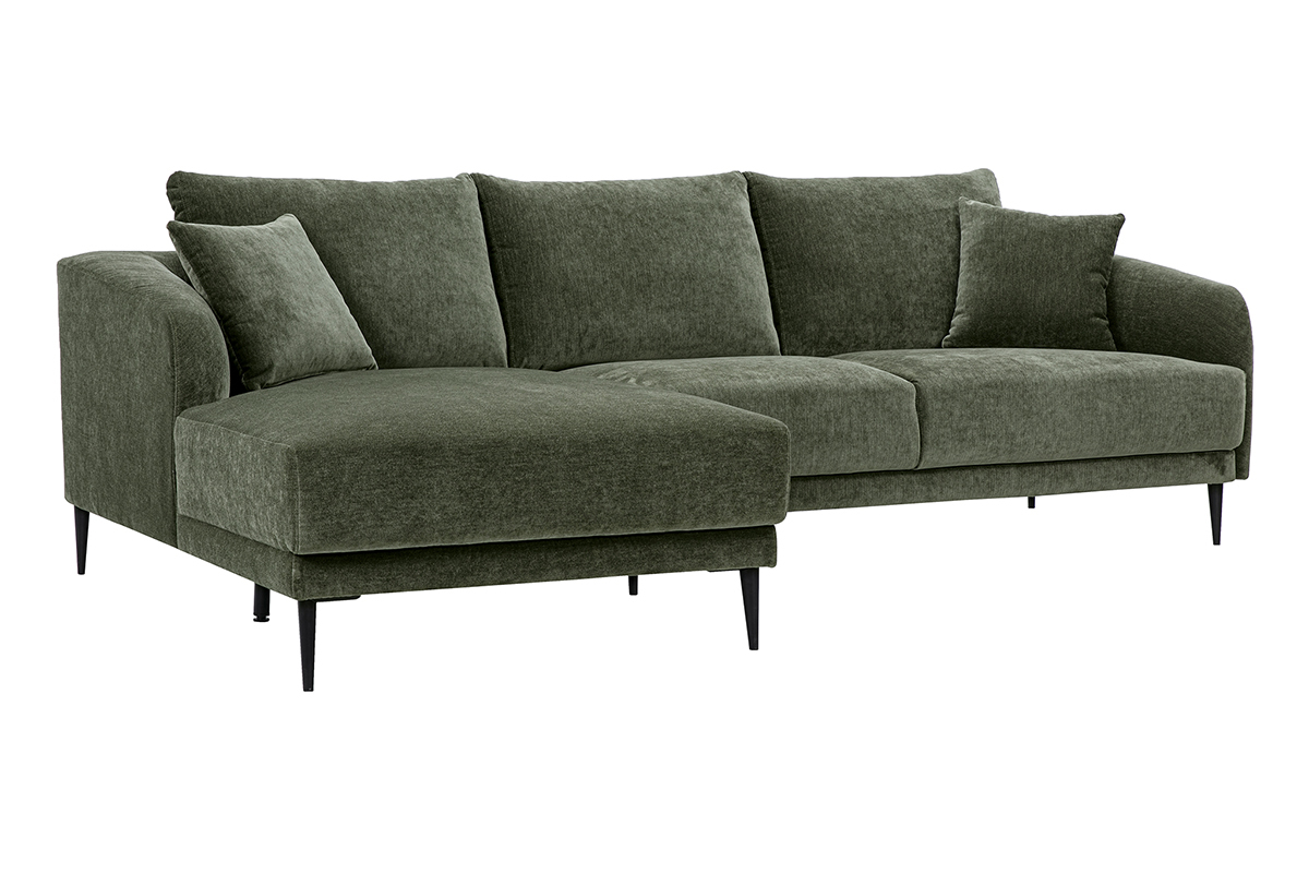 Canap� d'angle gauche 3 places en tissu vert kaki, avec coussins, sur pieds en m�tal noir