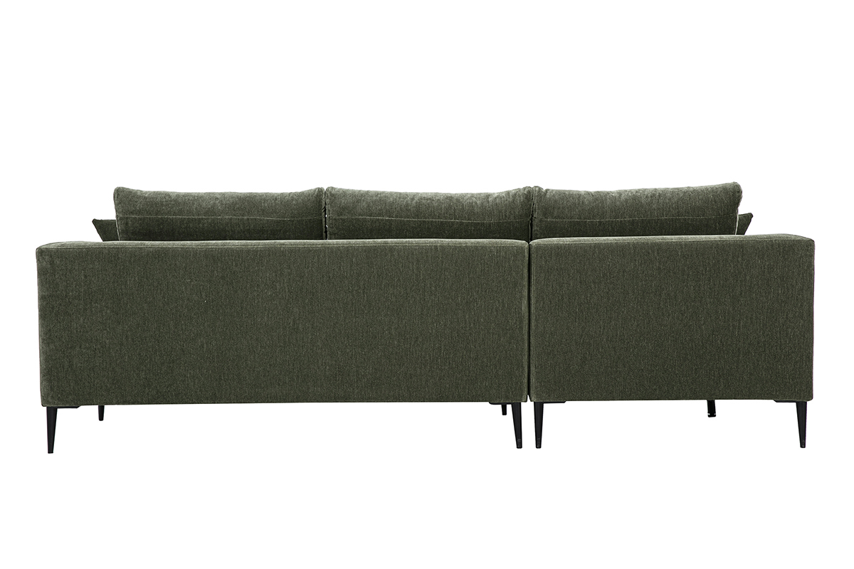 Canap� d'angle gauche 3 places en tissu vert kaki, vue de dos avec pieds en m�tal noir.