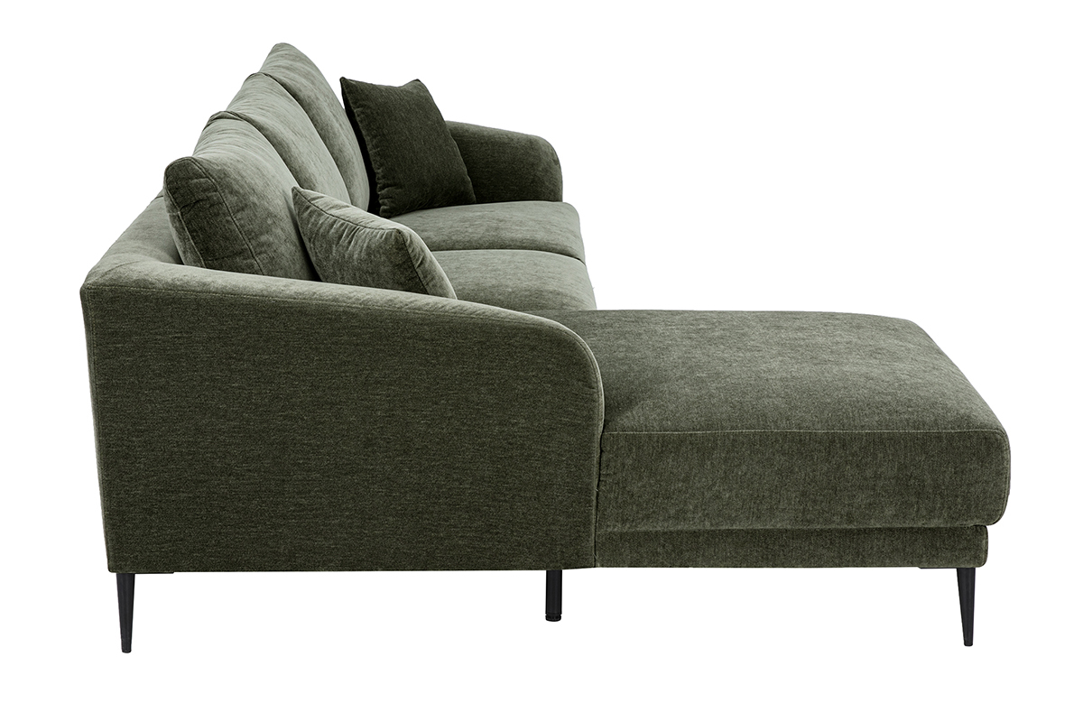 Canap� d'angle gauche 3 places en tissu vert kaki avec m�ridienne, vue de profil.