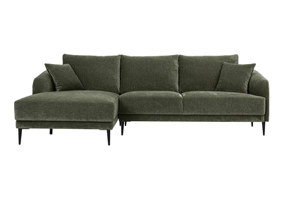 Canap&eacute; d'angle gauche 3 places en tissu effet velours vert kaki et m&eacute;tal noir JERRY
