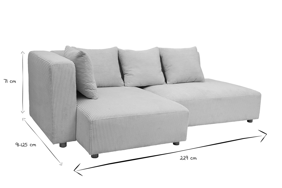 Canap d'angle gauche 3 places en tissu velours ctel beige et bois clair HARLEM