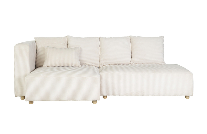 Canapé d'angle gauche 3 places en tissu velours côtelé beige et bois clair HARLEM