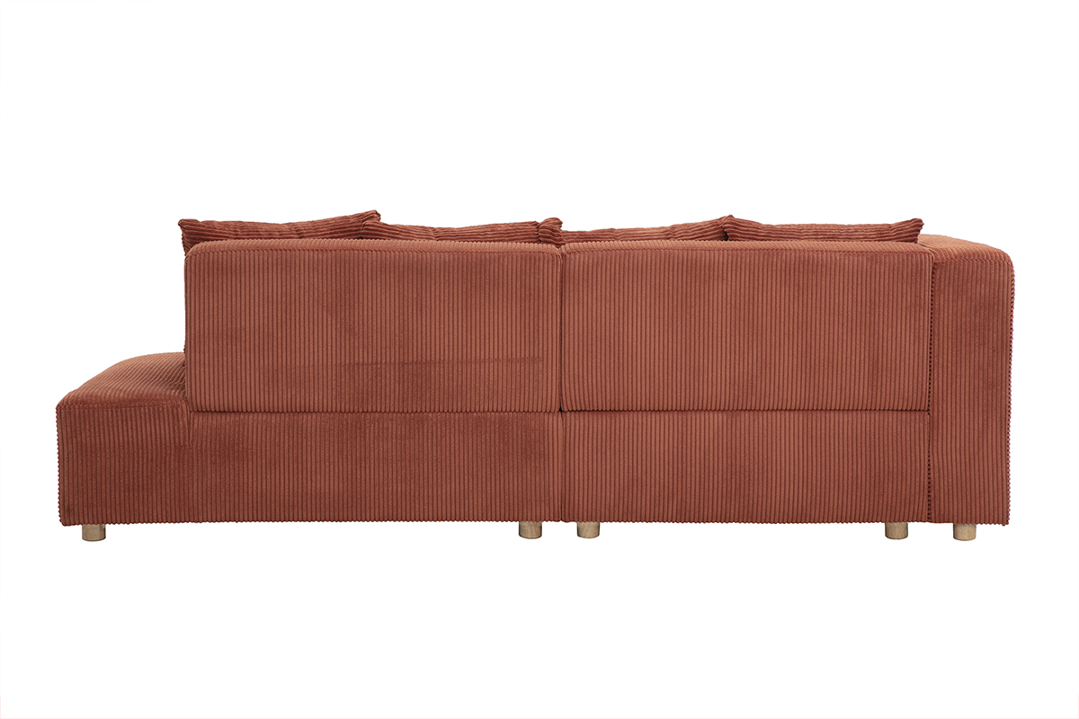 Canap� d'angle gauche 3 places en tissu velours c�tel� terracotta, vue de dos.