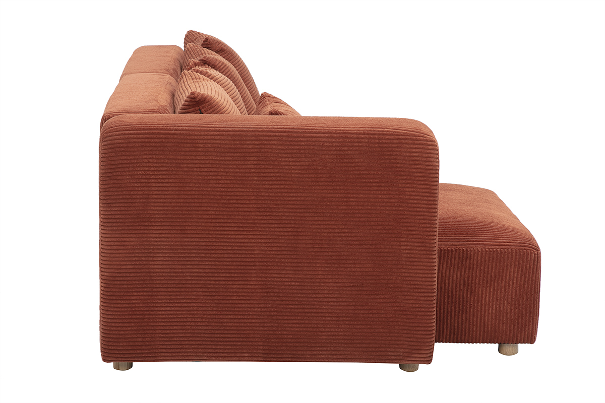 Canap� d'angle gauche 3 places en velours c�tel� terracotta, vue de profil.