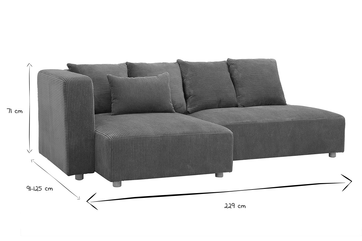 Dimensions du canap� d'angle gauche 3 places: L229 x P91-125 cm, H71 cm en noir et blanc.