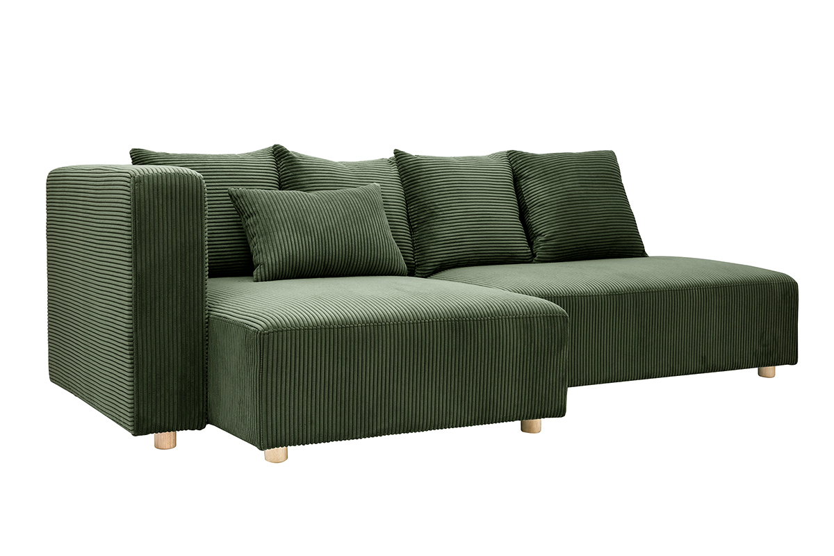 Canap d'angle gauche 3 places en tissu velours ctel vert kaki et bois clair HARLEM