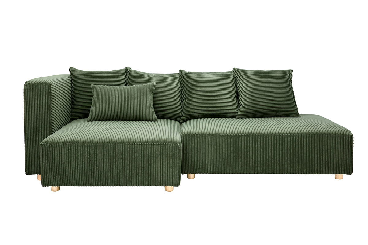 Canap d'angle gauche 3 places en tissu velours ctel vert kaki et bois clair HARLEM