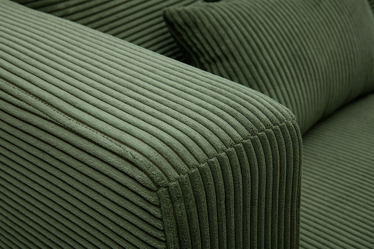 Canap d'angle gauche 3 places en tissu velours ctel vert kaki et bois clair HARLEM