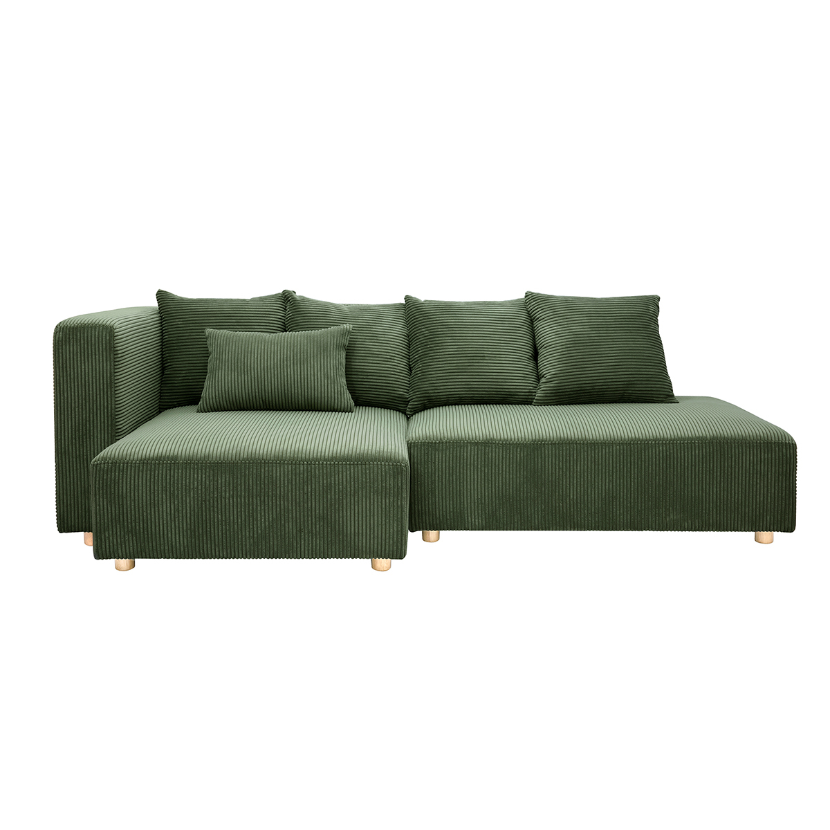 Canapé d'angle gauche 3 places en tissu velours côtelé vert kaki et bois clair HARLEM