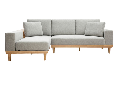 Canapé d'angle gauche 5 places avec rangements tissu effet velours texturé gris clair et bois clair KOMAO