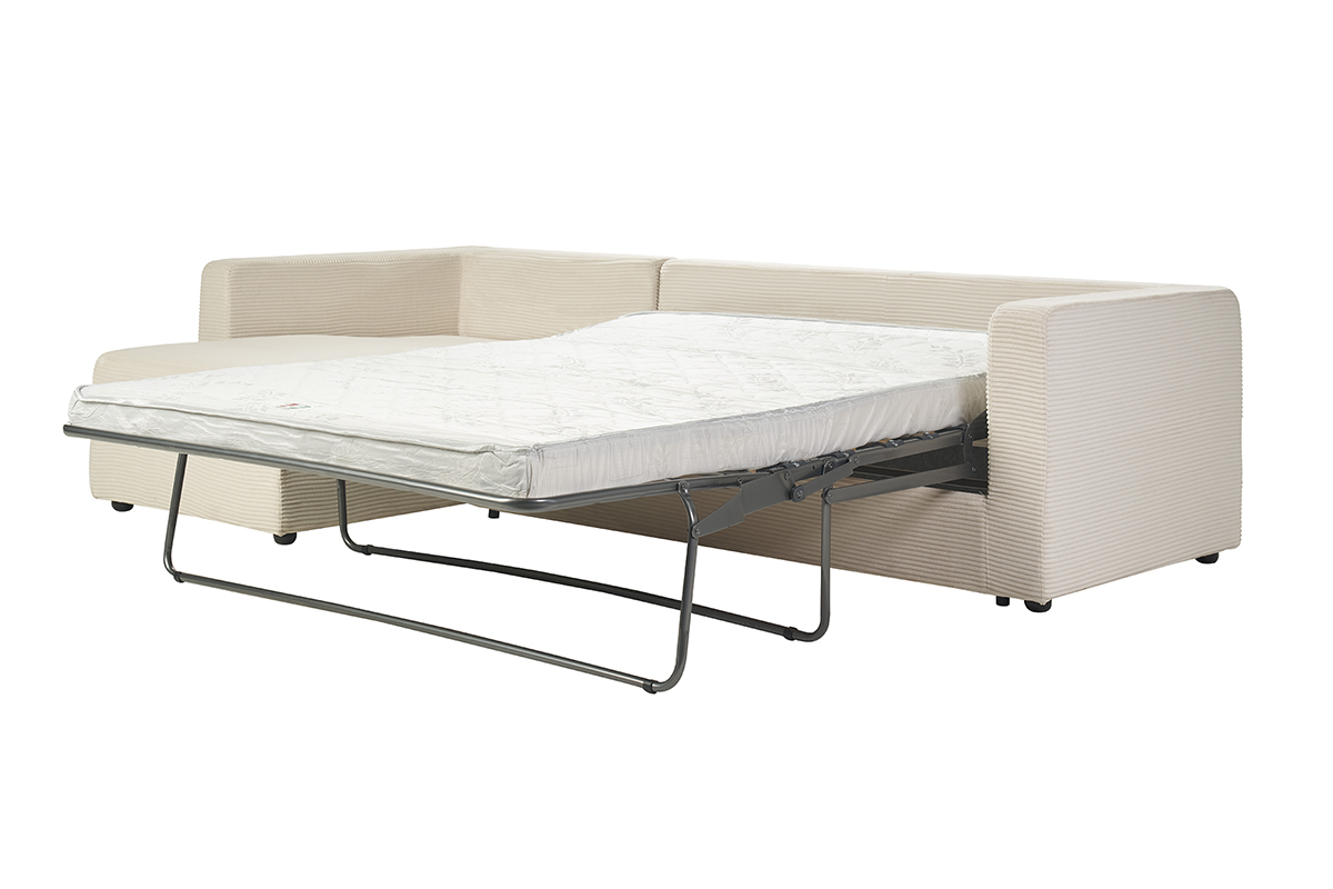 Canap d'angle gauche convertible beige avec matelas dpli, vue de 3/4.