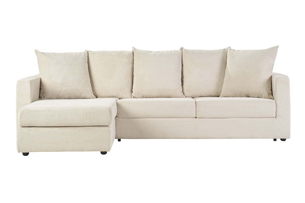 Canap d'angle gauche convertible 4 places en velours ctel beige, vue de face.
