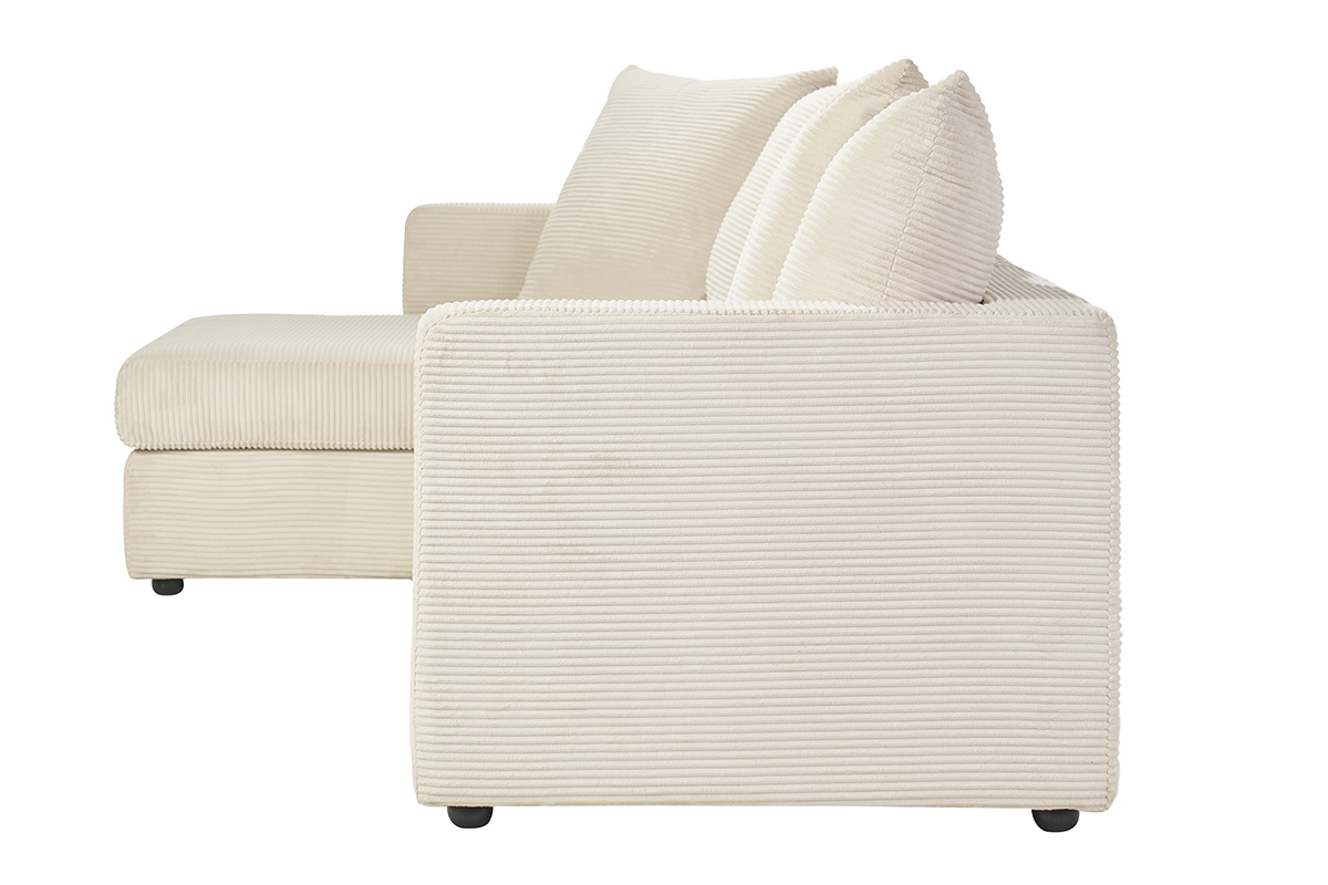 Canap d'angle gauche convertible 4 places en velours ctel beige, vue de ct.