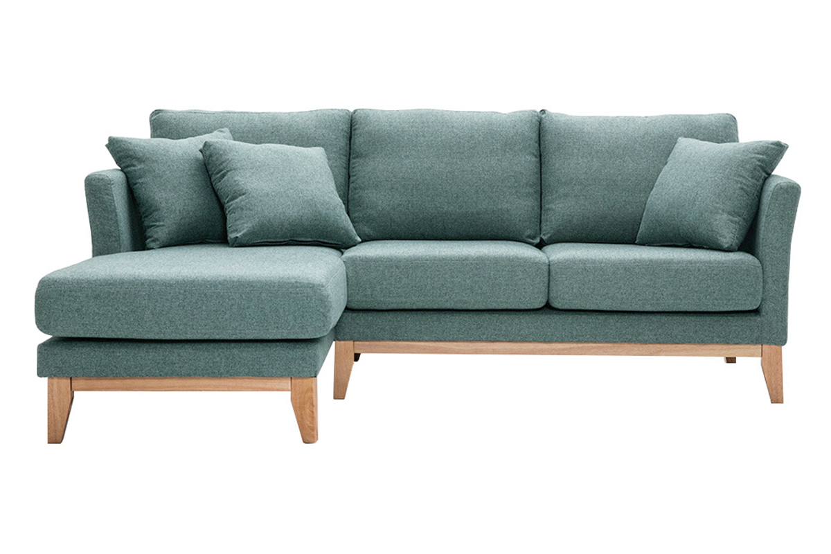 Canap d'angle gauche dhoussable scandinave en tissu vert de gris et bois clair 3-4 places OSLO