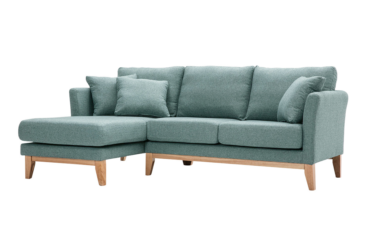 Canap d'angle gauche dhoussable scandinave en tissu vert de gris et bois clair 3-4 places OSLO