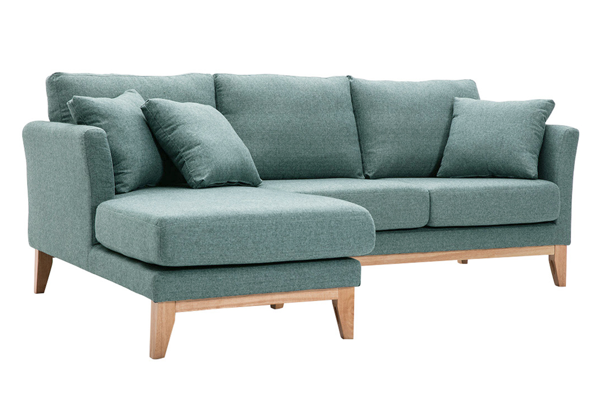 Canap d'angle gauche dhoussable scandinave en tissu vert de gris et bois clair 3-4 places OSLO
