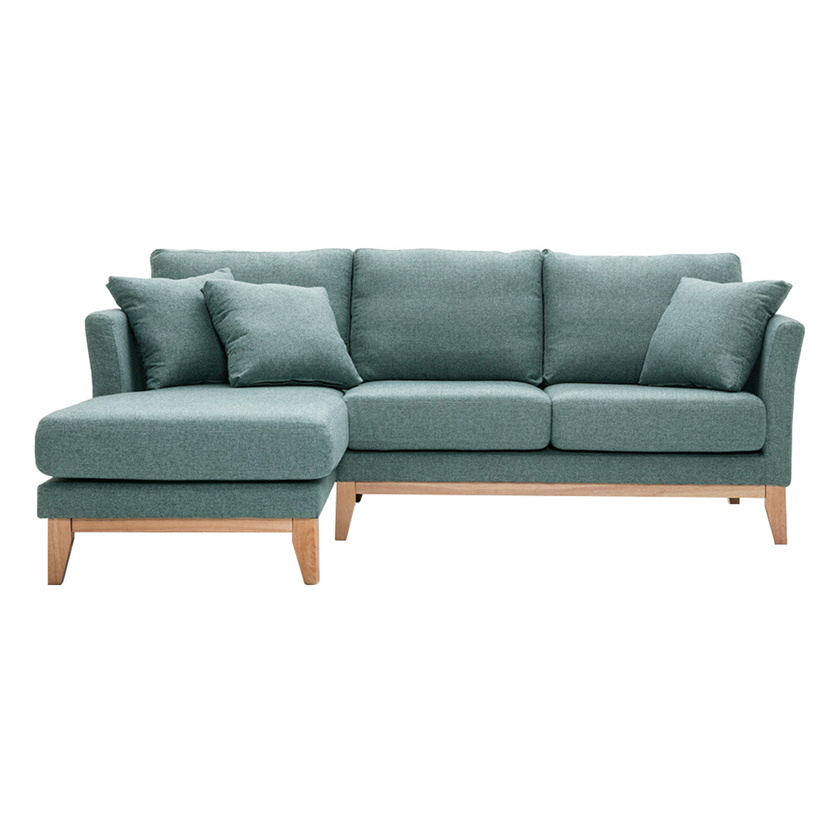 Canapé d'angle gauche déhoussable scandinave en tissu vert de gris et bois clair 3-4 places OSLO