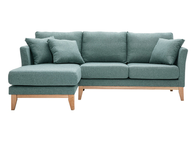 Canapé d'angle gauche déhoussable scandinave en tissu vert de gris et bois clair 3-4 places OSLO