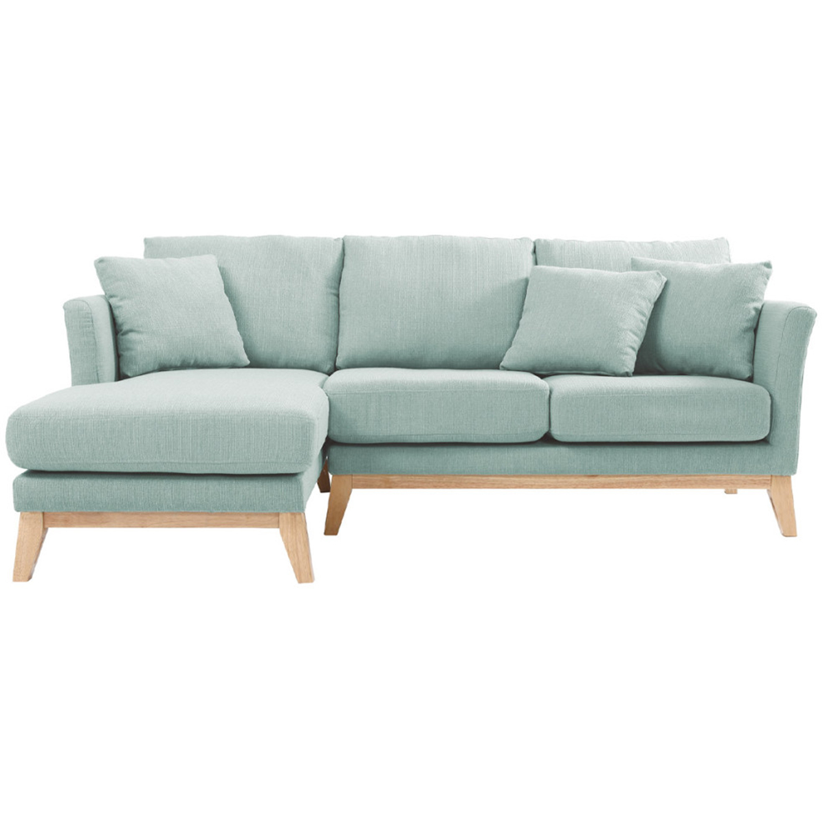 Canapé d'angle gauche déhoussable scandinave en tissu vert lagon et bois clair 3-4 places OSLO