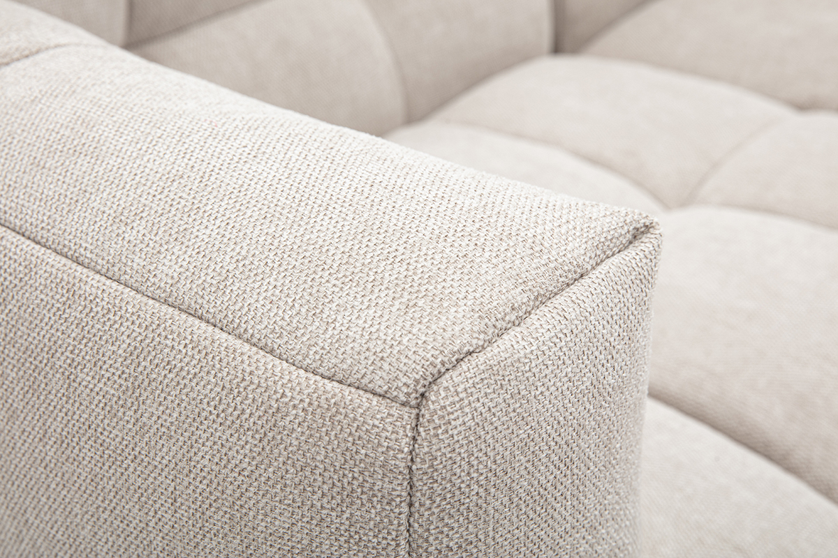 Canap d'angle gauche en tissu velours textur beige 3 places, design moderne et confortable.
