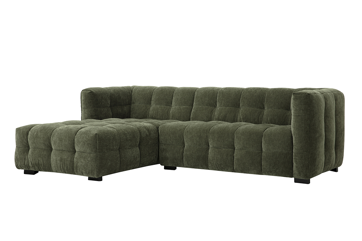 Canap d'angle gauche 3 places en tissu velours vert kaki CORTO, vue de 3/4.