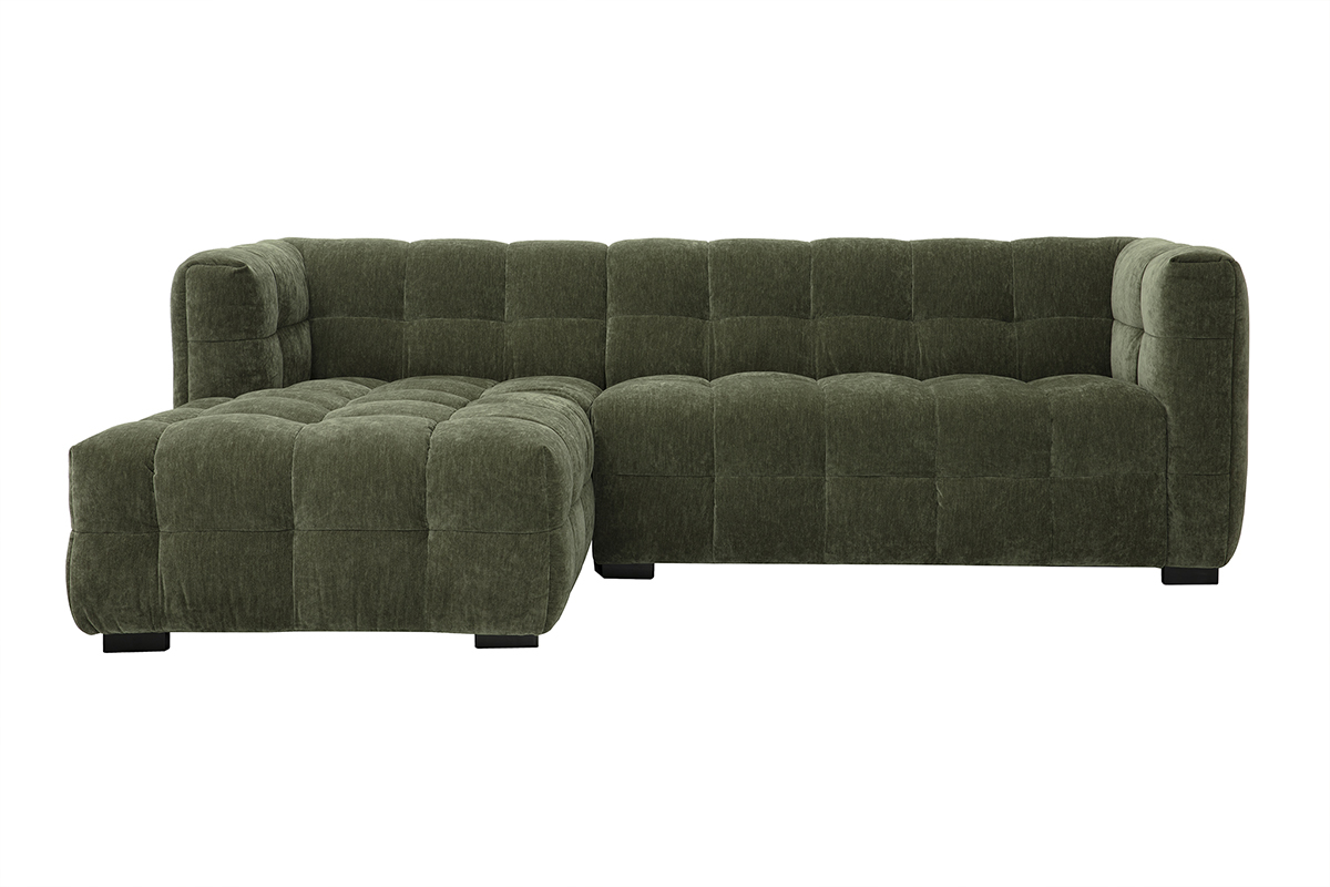 Canap d'angle gauche 3 places en tissu vert kaki effet velours, vue de face.