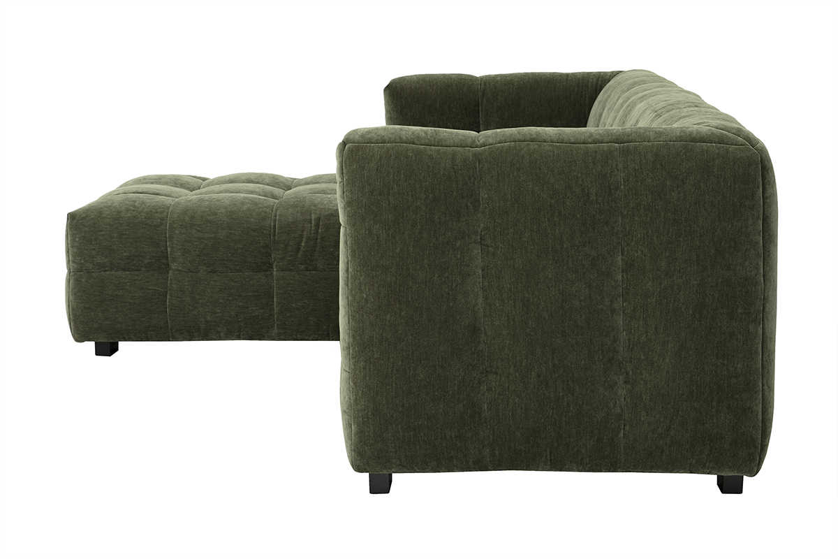 Canap d'angle gauche en tissu velours vert kaki, vue de ct.