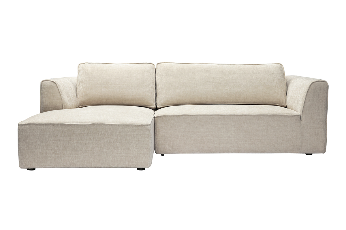 Canap� d'angle gauche en tissu effet velours beige, 3 places, vue de face.