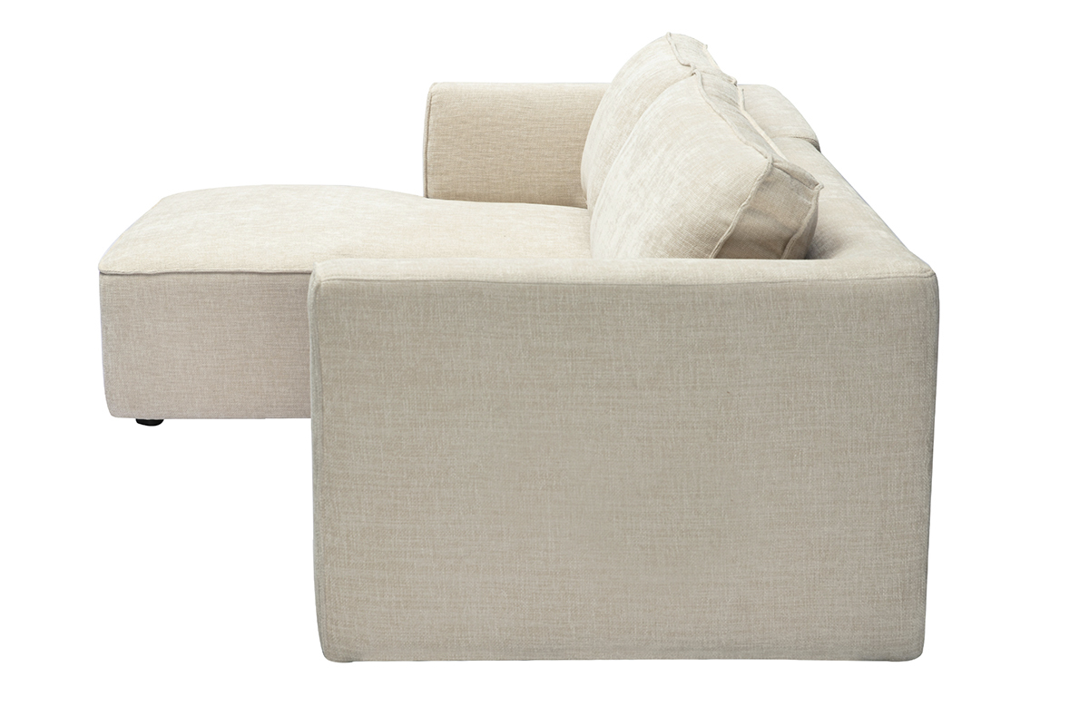 Canap� d'angle gauche beige en tissu effet velours, vue de c�t�.
