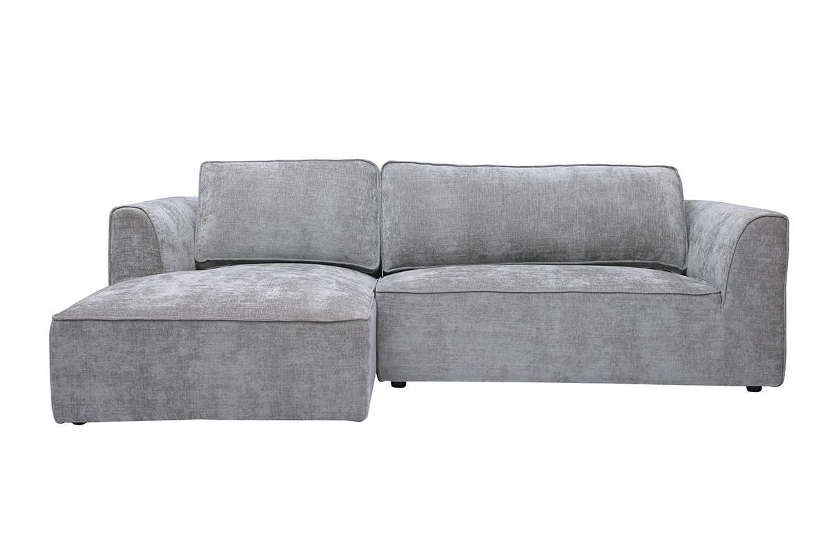 Canap� d'angle gauche 3 places, tissu gris effet velours textur�, vue de face.